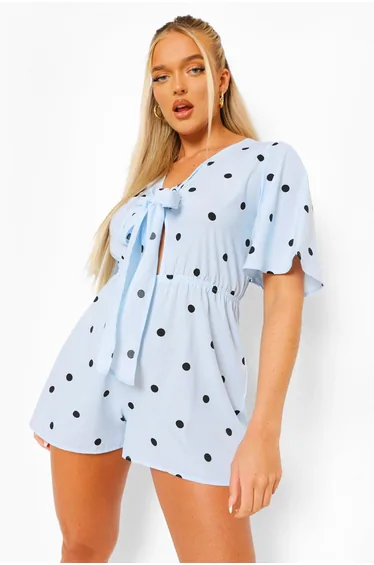 Polka Dot V Neck Tie Front Playsuit - blue