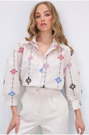 Women's Beige-Lilac Princess Floral Patterned Flamed Linen Woven Shirt