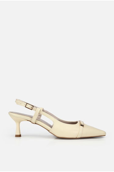 Women's Light Yellow Pointed Toe Gold Buckled Open Back Stiletto Heel U Shoes