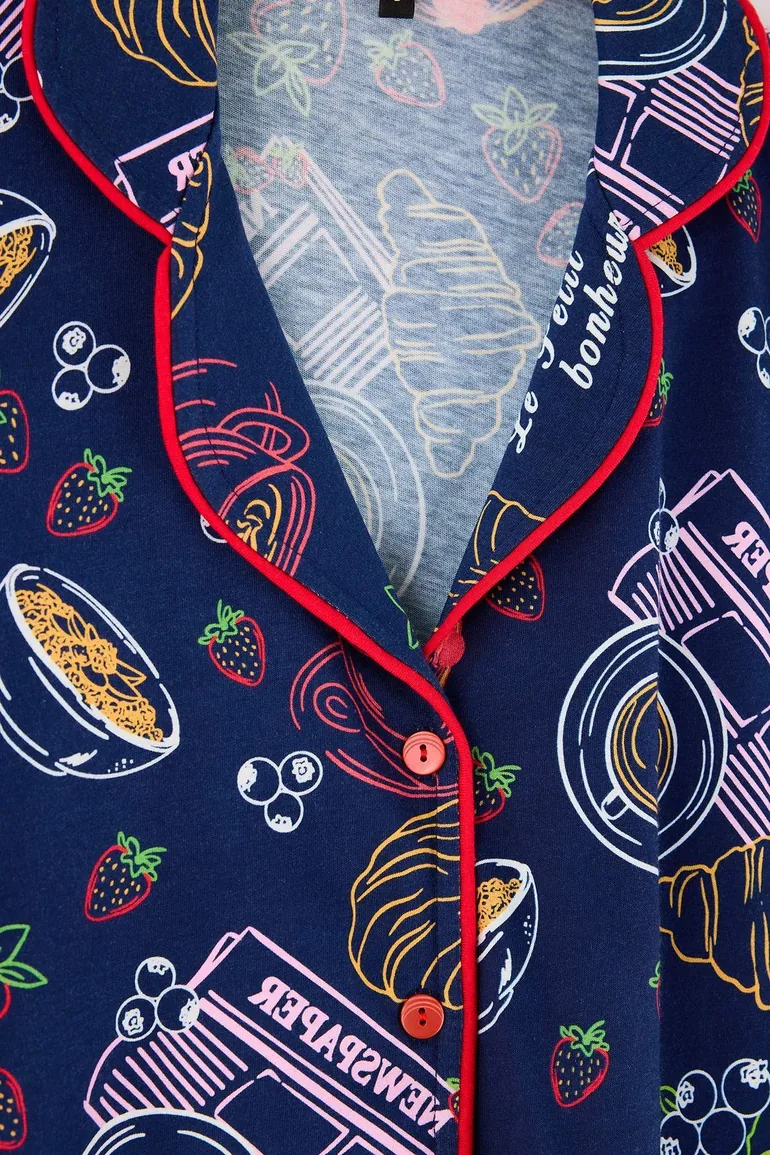 Navy Blue 100% Cotton Fun Printed Ribbed Knitted Pajamas Set - 6