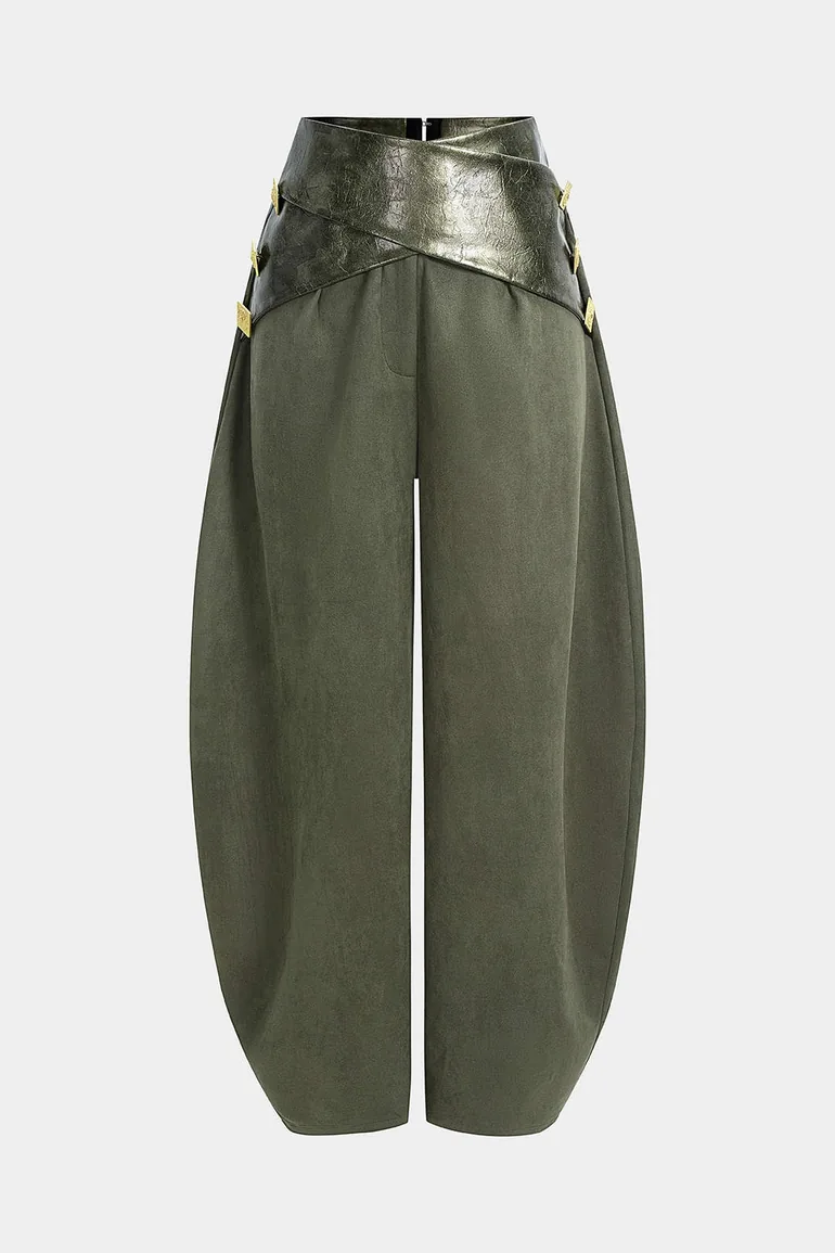 Faux Leather Patchwork Suede Metallic Decor High Waist Pants