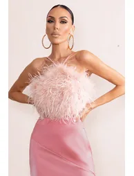 Ever-Evolving | Pink Halter Neck Feather Crop Top With Backless Knot Detail - 2