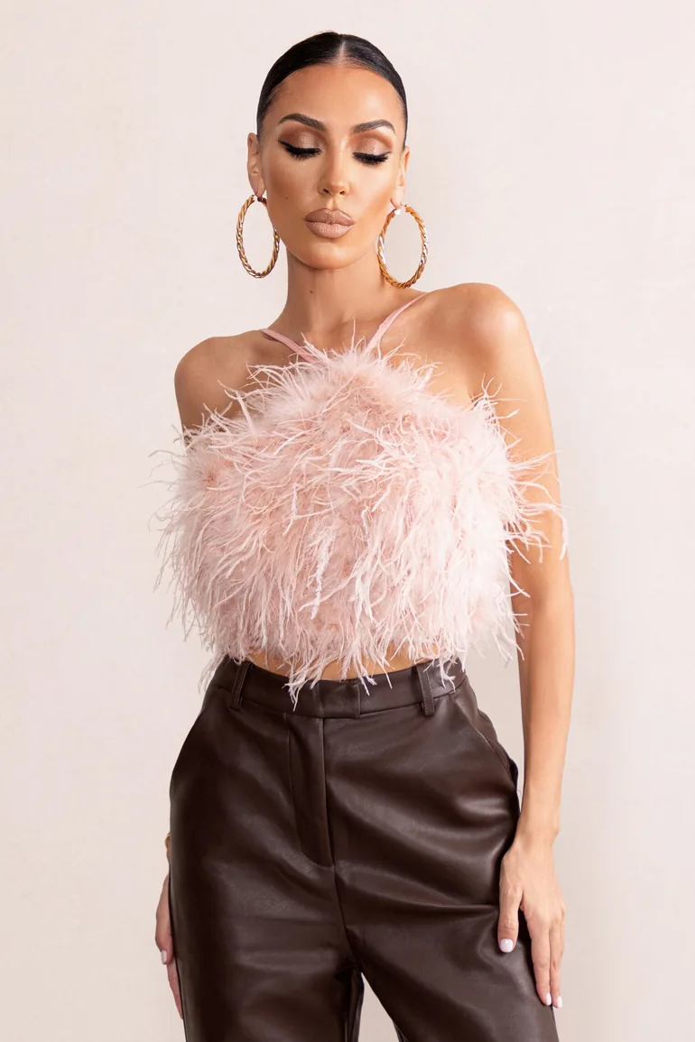 Ever-Evolving | Pink Halter Neck Feather Crop Top With Backless Knot Detail - 1