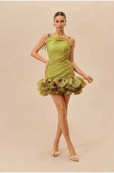 Late Summer Olive Ruched Bodice Ruffled Hem Mini Dress