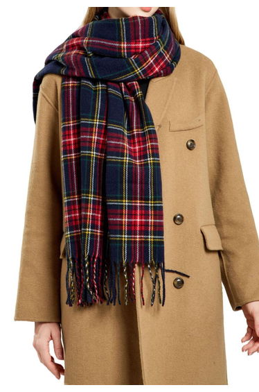 Warmth-Boosting Tartan Fringed Scarf in Navy