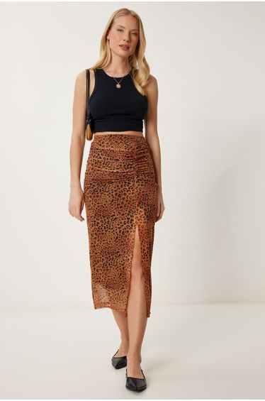Women's Camel Leopard Patterned Slit Stretchy Chiffon Skirt