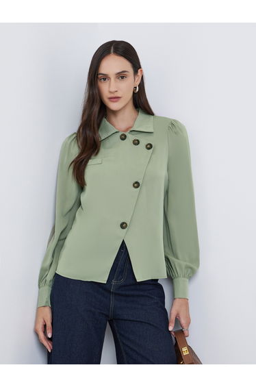 Solid Front Button Balloon Sleeve Blazer