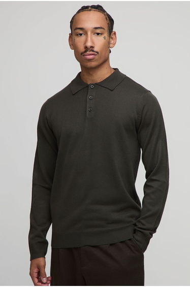 Regular Fit Button Up Knitted Long Sleeve Polo - khaki