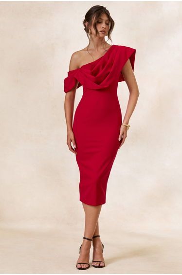 Adrina | Red Draped One Shoulder Midi Dress