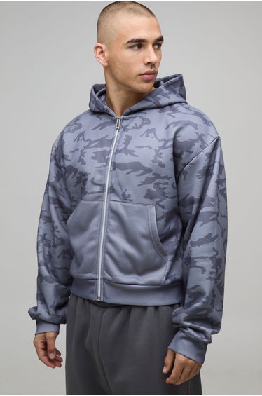 Shrunken Fit Camo Print Zip Through Hoodie - black