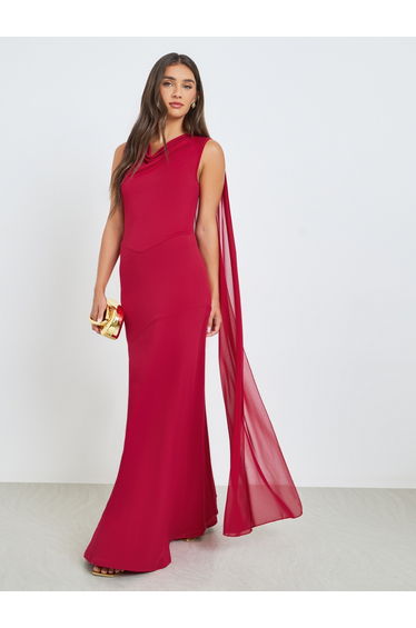Red Chiffon Draped Maxi Dress