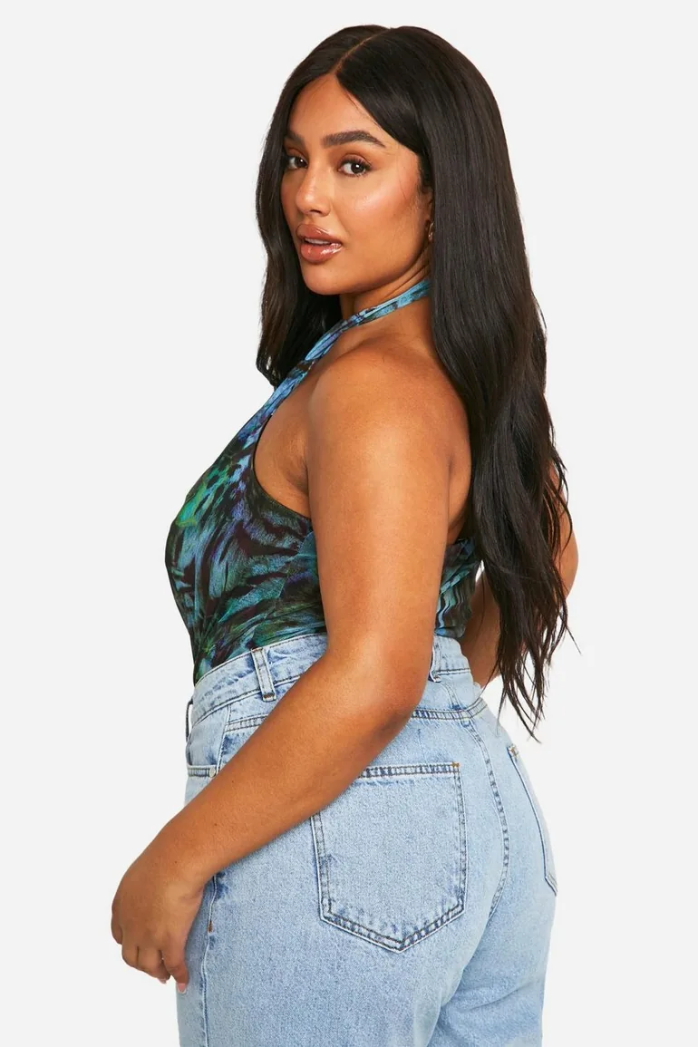 Plus Animal Mesh Cowl Bodysuit - blue - 2