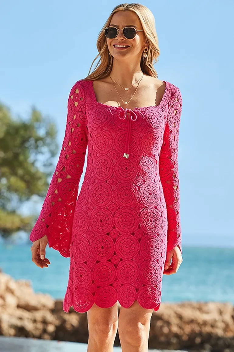 hot pink crochet dress Keylows Hot Pink Halter Knit Backless Crochet Dress Fashion Bomb Daily Shop