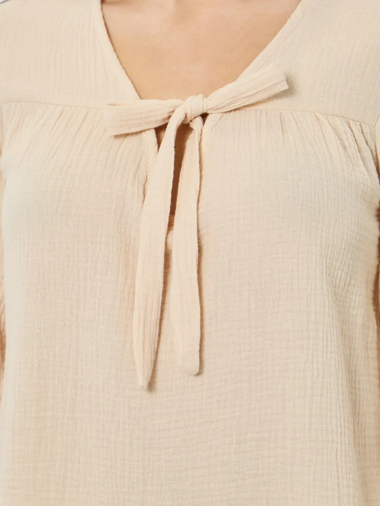 Double Gauze Cotton Tie Front Top and Wide Leg Pyjama Set - 2