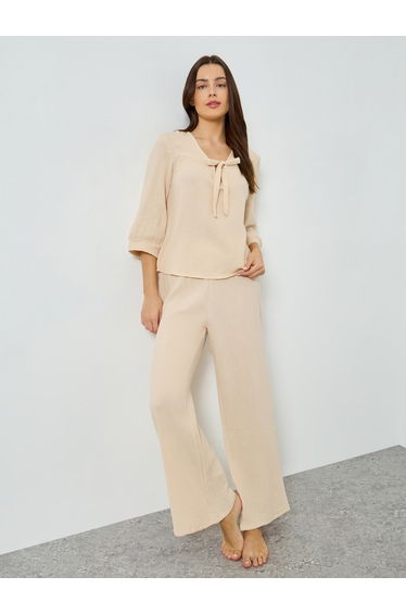Double Gauze Cotton Tie Front Top and Wide Leg Pyjama Set