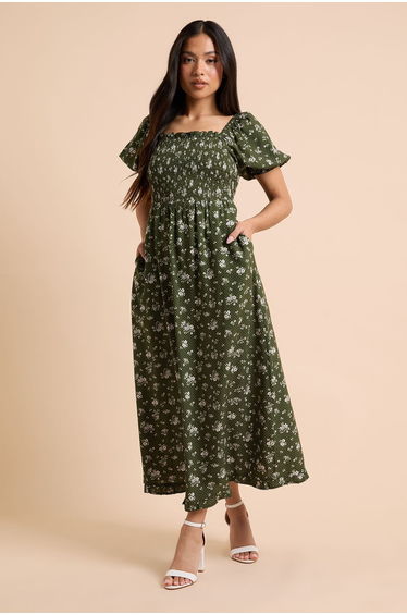 Petite Green Floral Shirred Bodice Trim Detail Midaxi Dress