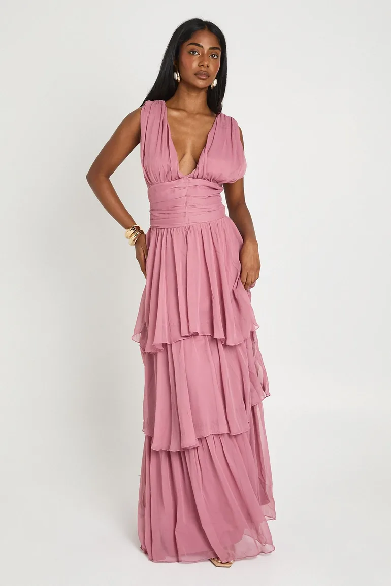 Chiffon Plunge Front Tiered Maxi Dress - rose