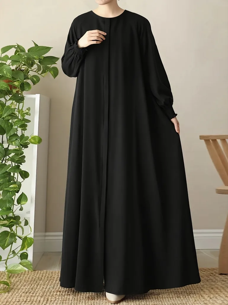 Black Solid Balloon Sleeve A-Line Abaya - 2
