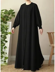 Black Solid Balloon Sleeve A-Line Abaya
