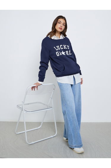 Navy Blue Oversized Slogan Print Sweatshirt