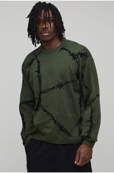 Tall Oversized Boxy Barbed Wire Jacquard Knitted Jumper - khaki
