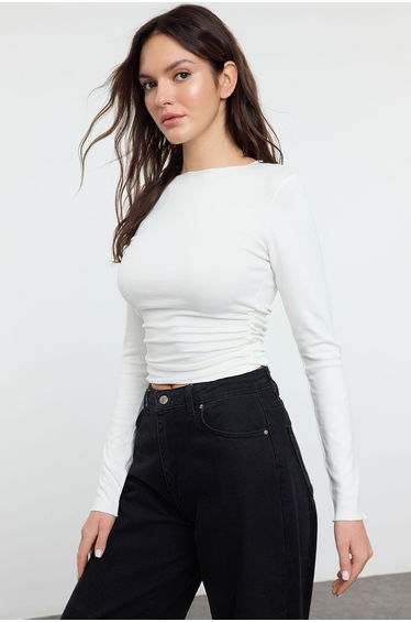 Ecru Fitted/Fits the Body Gathered/Drape Detailed Boat Neck Flexible Knitted Blouse