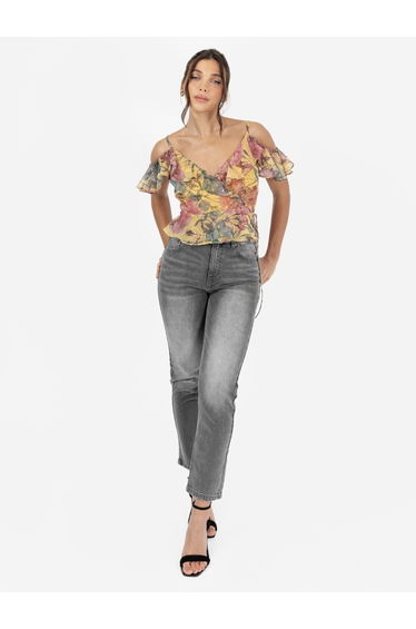 Anaya with Love Recycled Floral Print Wrap Cold Shoulder Top