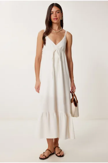 Women's Stone Strap Flounce Summer Linen Dress