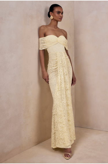 Aries | Lemon Lace Bardot-Neck Maxi Dress With Gathered Detailing