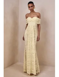 Aries | Lemon Lace Bardot-Neck Maxi Dress With Gathered Detailing - 5