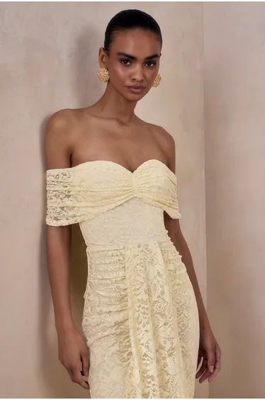 Aries | Lemon Lace Bardot-Neck Maxi Dress With Gathered Detailing