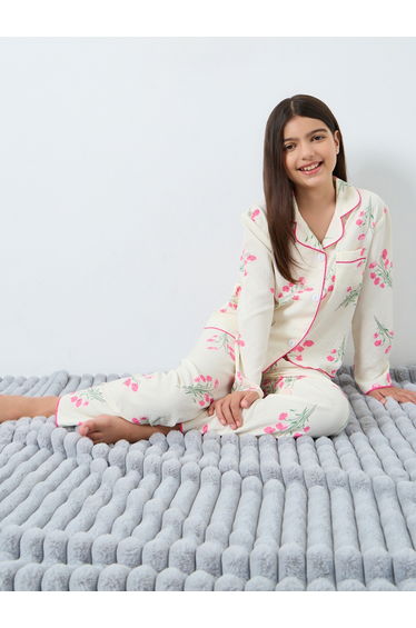 Teens Cream Floral Print Shirt and Pyjama Set