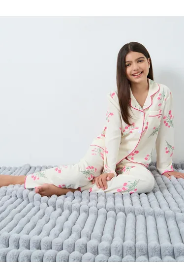 Teens Cream Floral Print Shirt and Pyjama Set