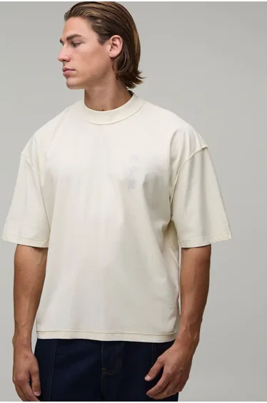 Ecru Oversized Boxy Dragon Print Exposed Seams T-Shirt - ecru