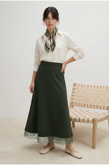 Khaki Unlined Plain Knitted Hem Tulle Detailed Hijab Skirt