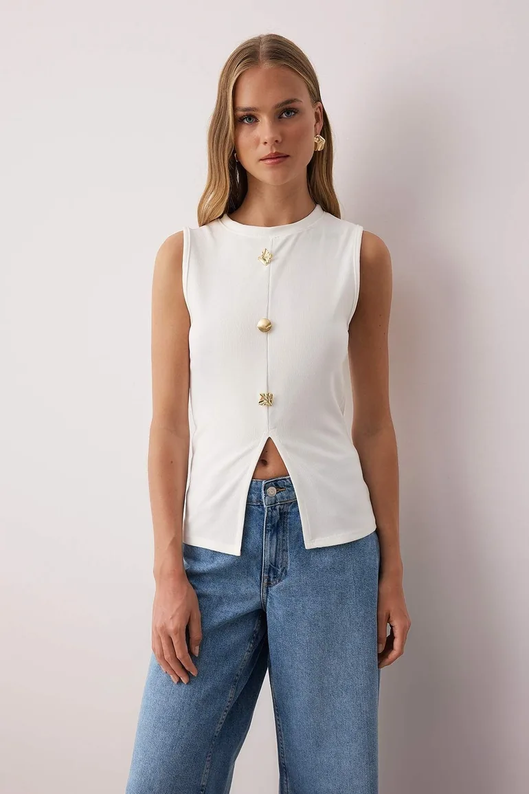 White Accessory Buttoned Crew Neck Regular Length Vest Knitted Blouse - 1