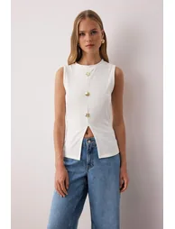 White Accessory Buttoned Crew Neck Regular Length Vest Knitted Blouse - 1