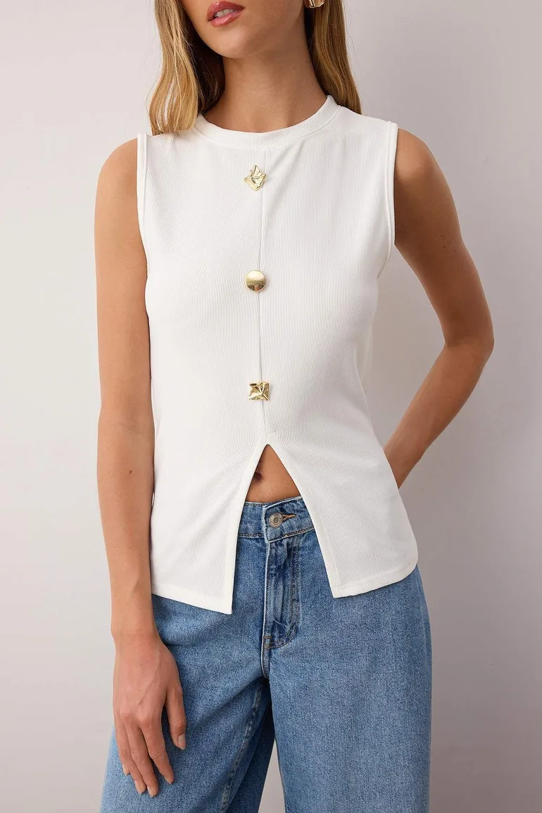White Accessory Buttoned Crew Neck Regular Length Vest Knitted Blouse - 2