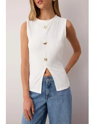 White Accessory Buttoned Crew Neck Regular Length Vest Knitted Blouse - 2