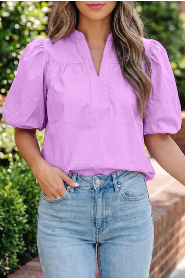Lvness Phalaenopsis Stitched Detail V Neck Puffy Half Sleeve Blouse
