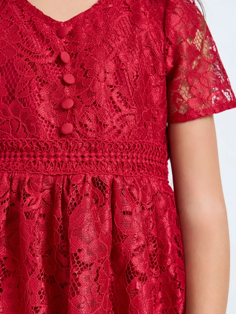 Girls Red Lace A-Line Knee-Length Dress - 3