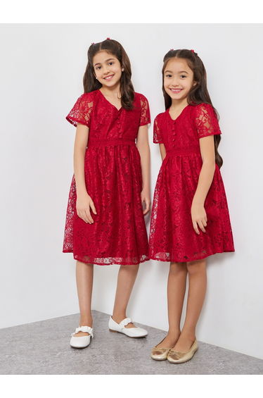Girls Red Lace A-Line Knee-Length Dress