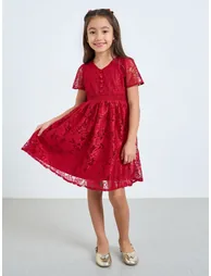 Girls Red Lace A-Line Knee-Length Dress - 1