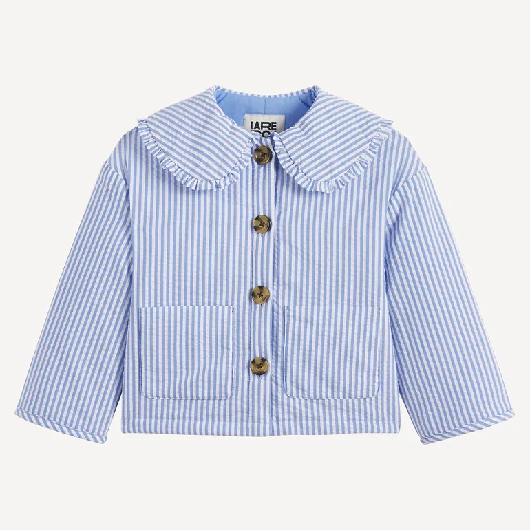 Striped Seersucker Jacket with Ruffled Peter Pan Collar - 1