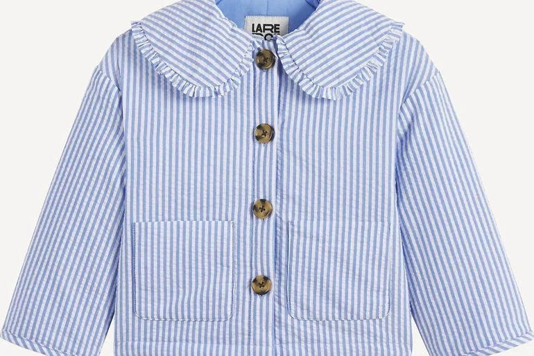 Striped Seersucker Jacket with Ruffled Peter Pan Collar