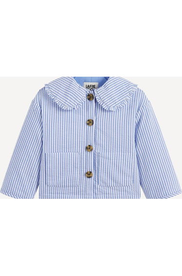 Striped Seersucker Jacket with Ruffled Peter Pan Collar