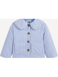 Striped Seersucker Jacket with Ruffled Peter Pan Collar