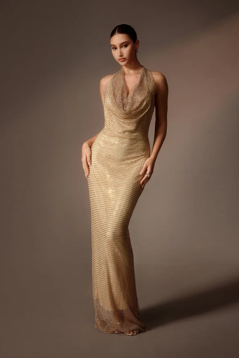 Secret Rendezvous Gold Rhinestone Mesh Cowl Neck Maxi Dress - 2