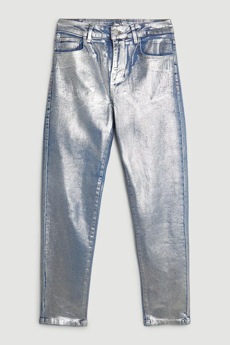 High Rise Slim Leg Silver Foiled Jeans - 3