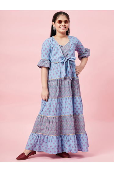 All Over Printed Tiered Dress with Tie-Up Detail